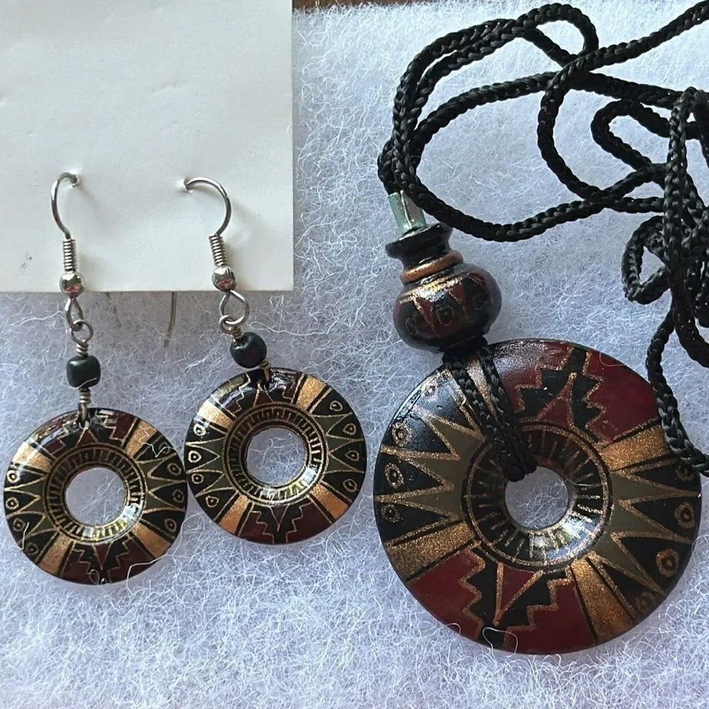 Bohemian Painted Clay Earrings and Necklace from Peru
